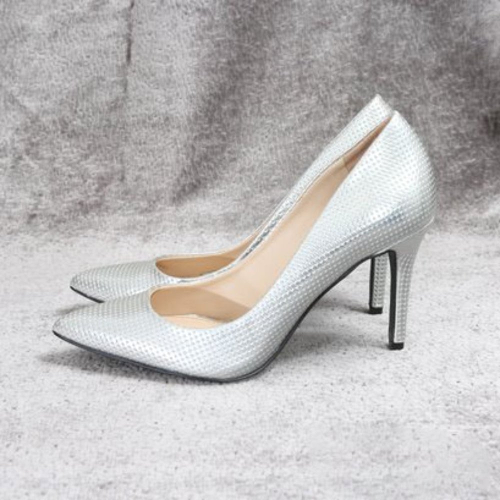 MINT IN BOX JESSICA SIMPSON SILVER METALLIC DISCO BALL SPOTTED STILETTO SHOES
